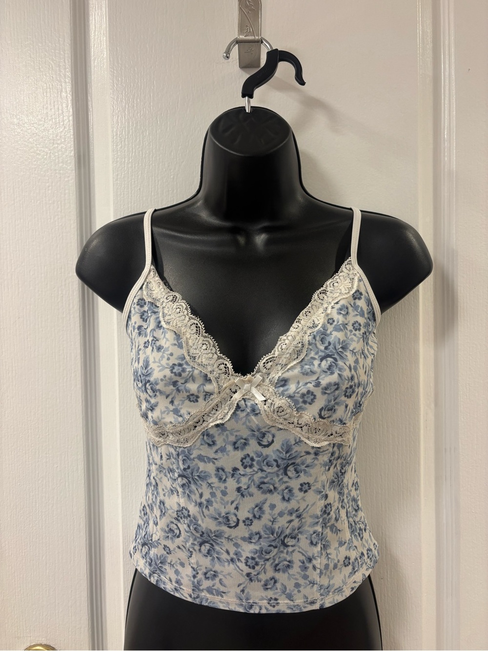 Garage Y2K Coquette Corset-Style Bow Lace Trim Blue Floral Mesh Cami Fairy Core